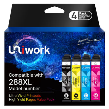 Uniwork Remanufactured Replacement for 288XL Ink Cartridges Replacement for Epson 288 Ink Cartridges Combo Pack High Yield Use for XP-440 XP-330 XP-340 XP-430 XP-446 XP-434 (4 Pack, with Latest Chip)