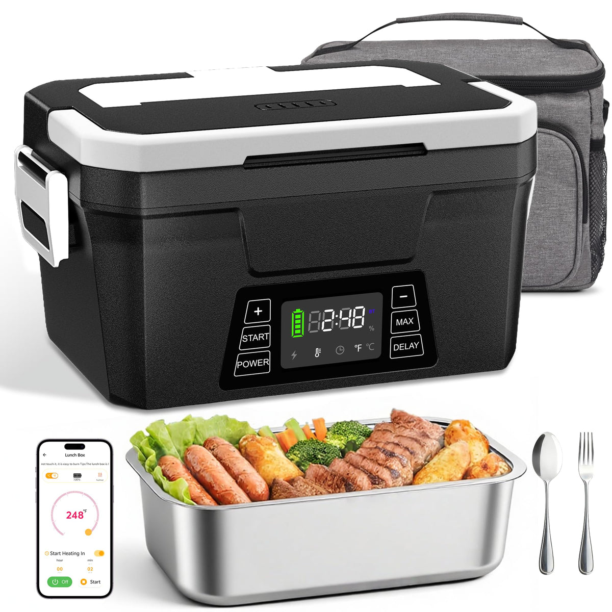 Cordless Electric Lunch Box for Adults, App Control Heated Lunch Box with Detachable Battery, 1.2L Self Heating Lunch Box with Timer, Memory & Auto Keep Warm for Work Travel Outdoor