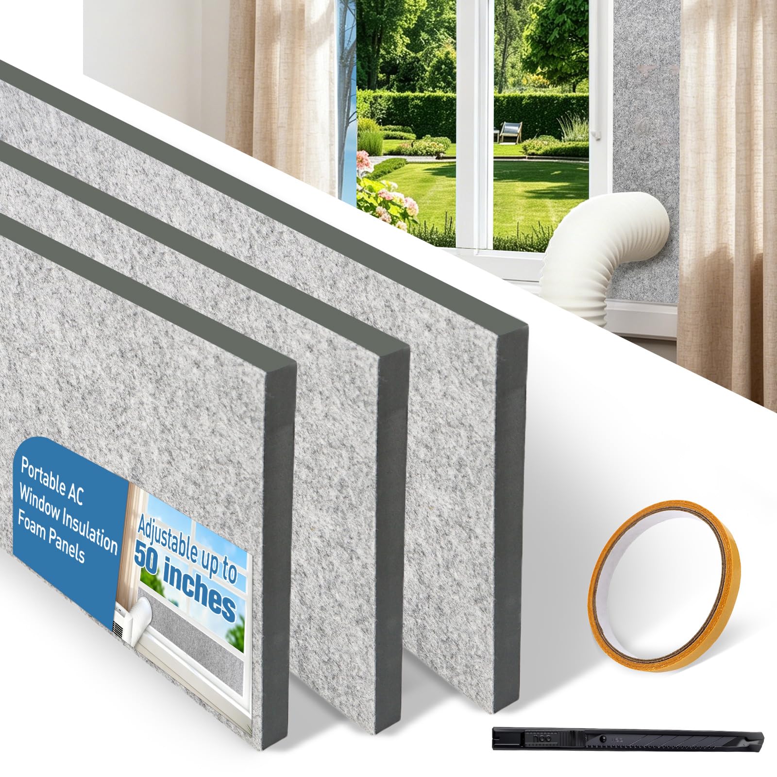 3-Pack Insulated Foam Panels for Portable AC Window Seal Kit - Adjustable Air Conditioner Insulating Panel Up to 50", Blocks Heat & Noise, Easy Cut-to-Fit DIY Kit Includes Tape & Utility Knife