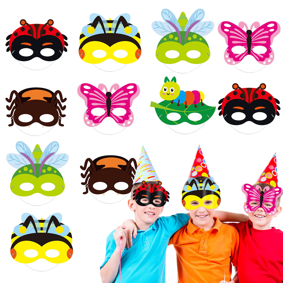 CY2SIDE 30pcs Spring Bugs Paper and Elastic Masks for Kid,Spring Time Insect Theme Dress-Up Party Accessory Favor Supplies