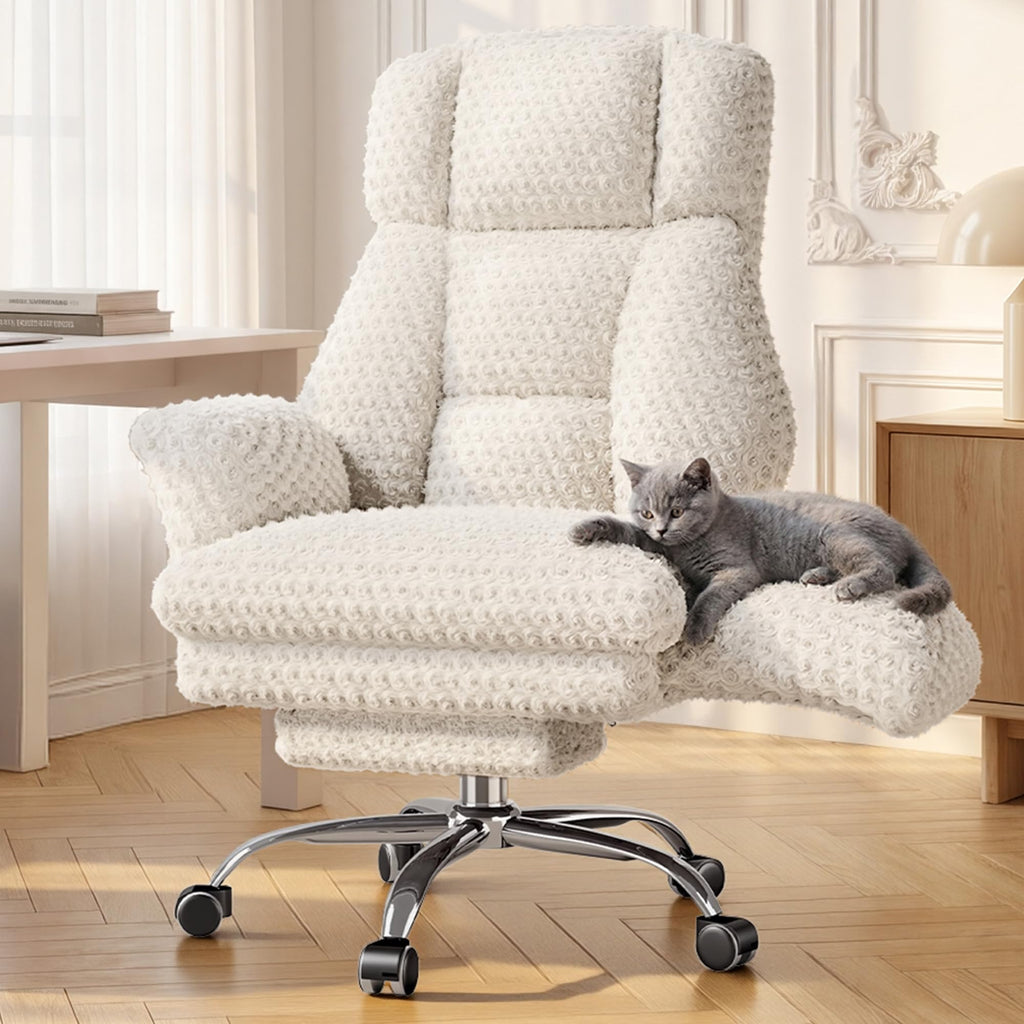 Homigropa Big and Tall Office Chair with Foot Rest & Flip Armrests, White Rose Velvet