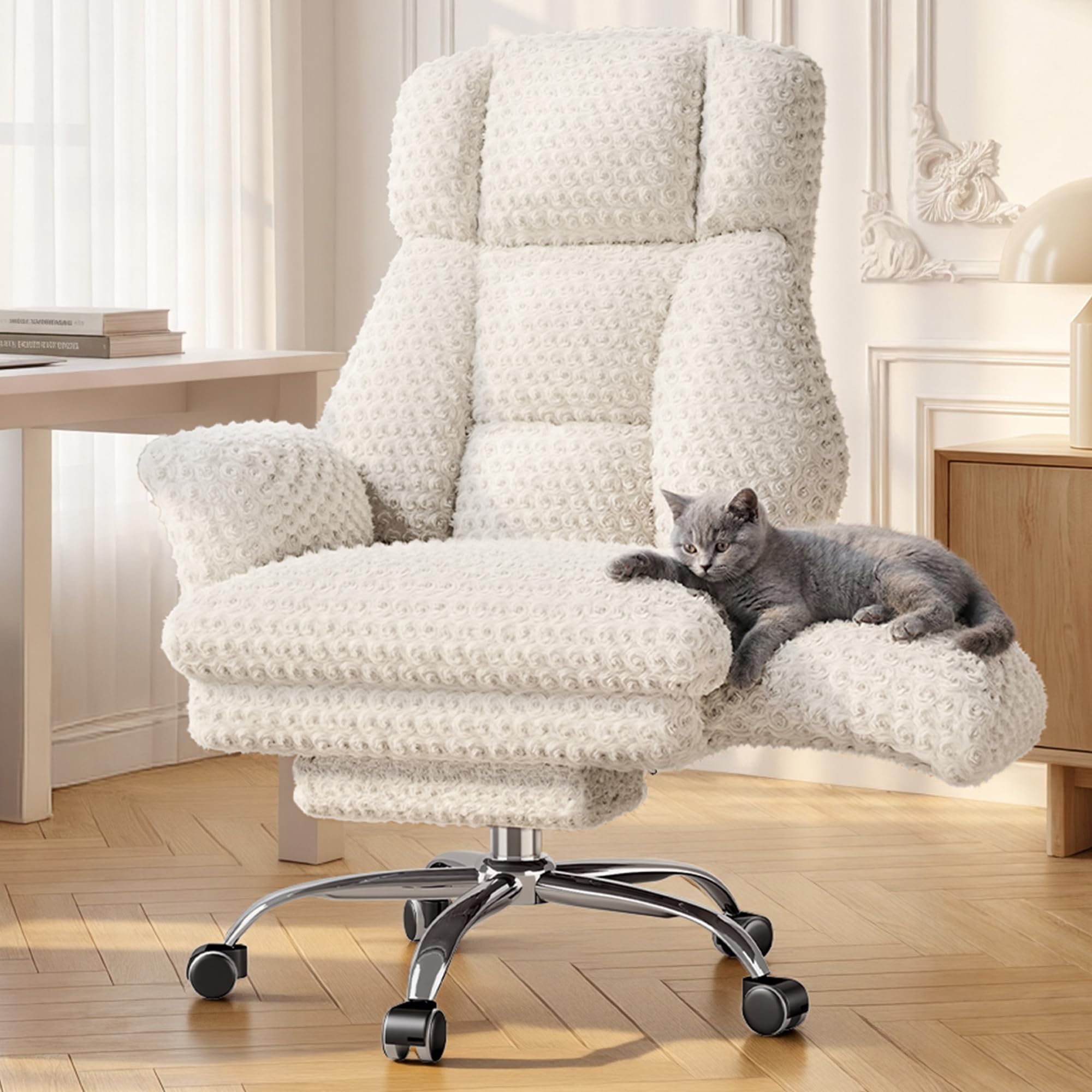 Homigropa Big and Tall Office Chair with Foot Rest & Flip Armrests, White Rose Velvet