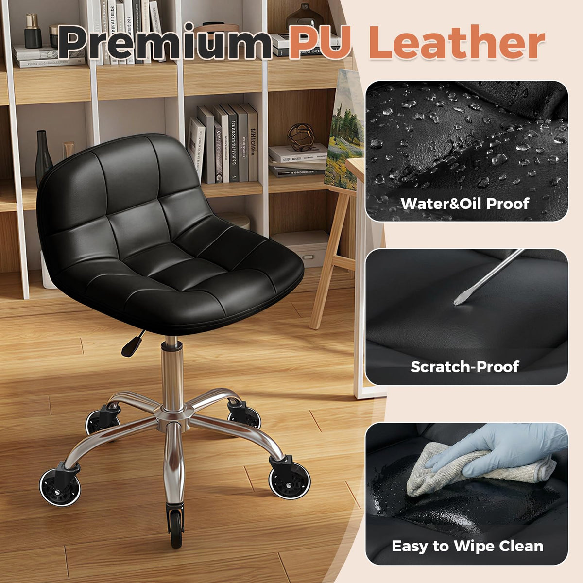 Rolling Stool Chair with Wheels, Height Adjustable Stool with Back Support, Office Drafting Chair with Pu Leather Cushion for Home Office