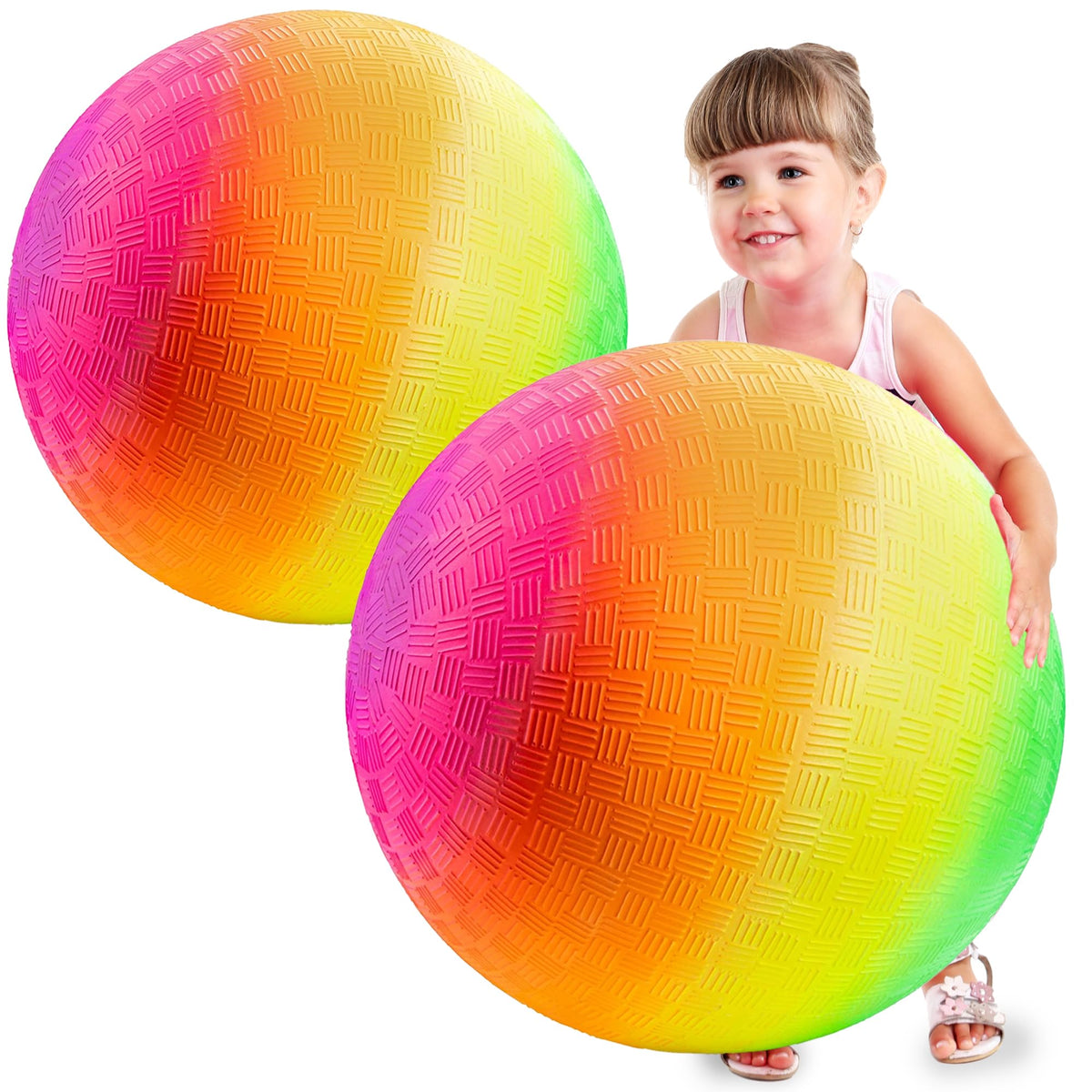 Bedwina 18 Inch Rainbow Playground Ball for Kids (Pack of 1 or 2) Jumbo Size Rainbow Inflatable Big Bouncy Kickball for Park, Giant Balls for Indoor and Outdoor Games with Hand Pump