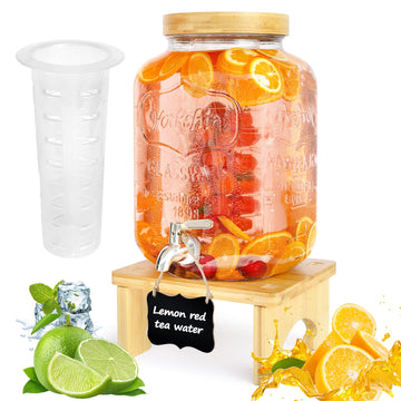 2 Gallon Drink Dispenser with Stand?Glass Beverage Dispenser With Wood Stand, 18/8 Stainless Steel Spigot and Labels Large Water Drink Dispensers for Parties, Lemonade,Juice, Tea