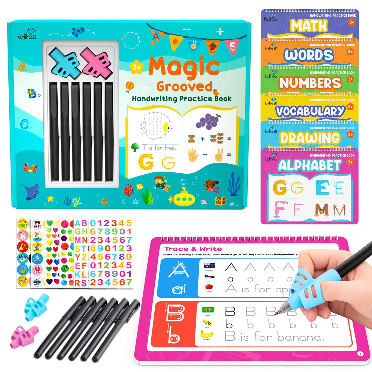 Kiditos Magic Grooved Writing Books for Kids 3-5, Tracing Books for Kids Ages 3-5, Reusable Letter Tracing & Handwriting Practice Workbook with Disappearing Ink, 6 Books