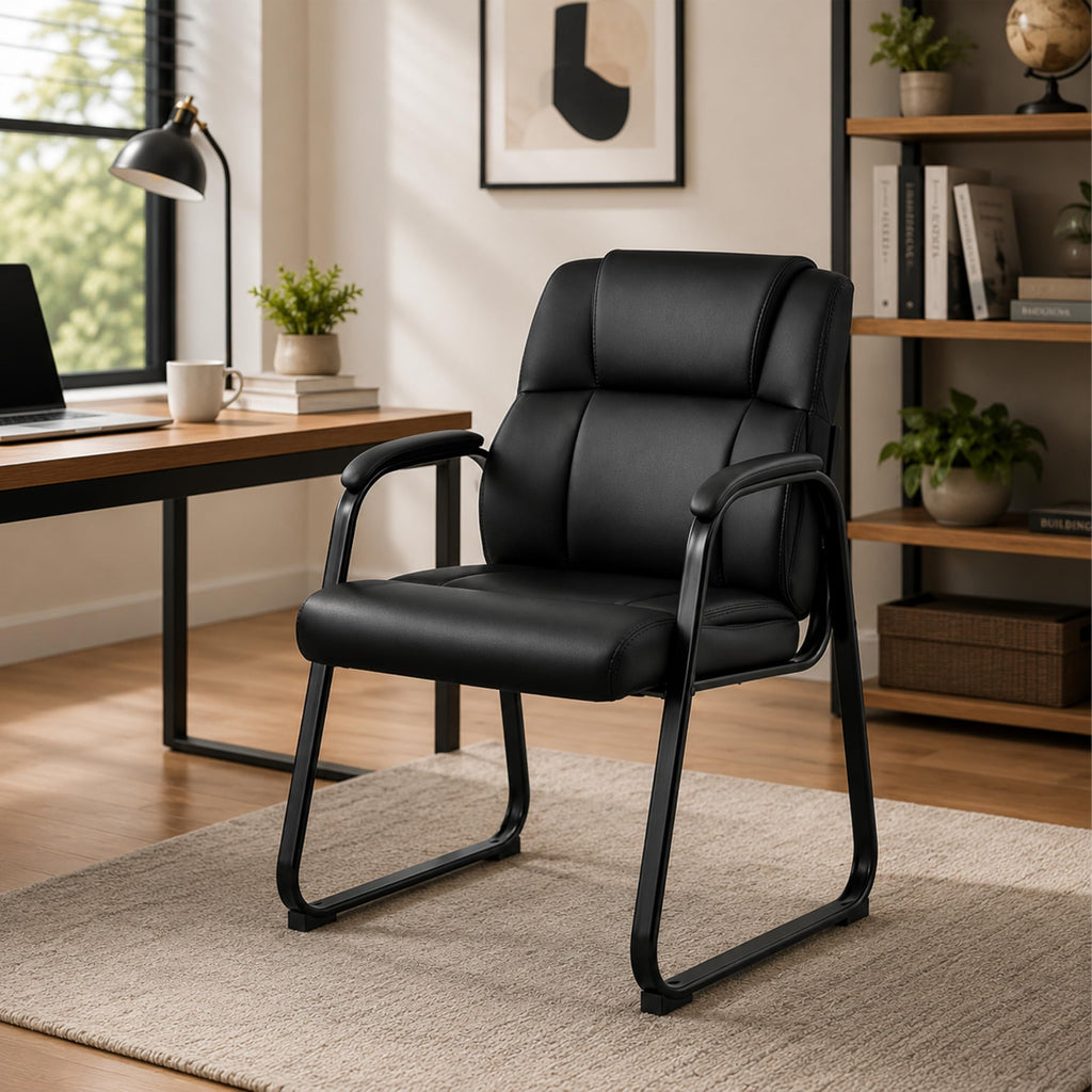 Simple Deluxe Leather Guest Chairs with Padded Arms & Sled Base - Set of 1 Stationary No Wheel Waiting Room Chair for Conference Reception