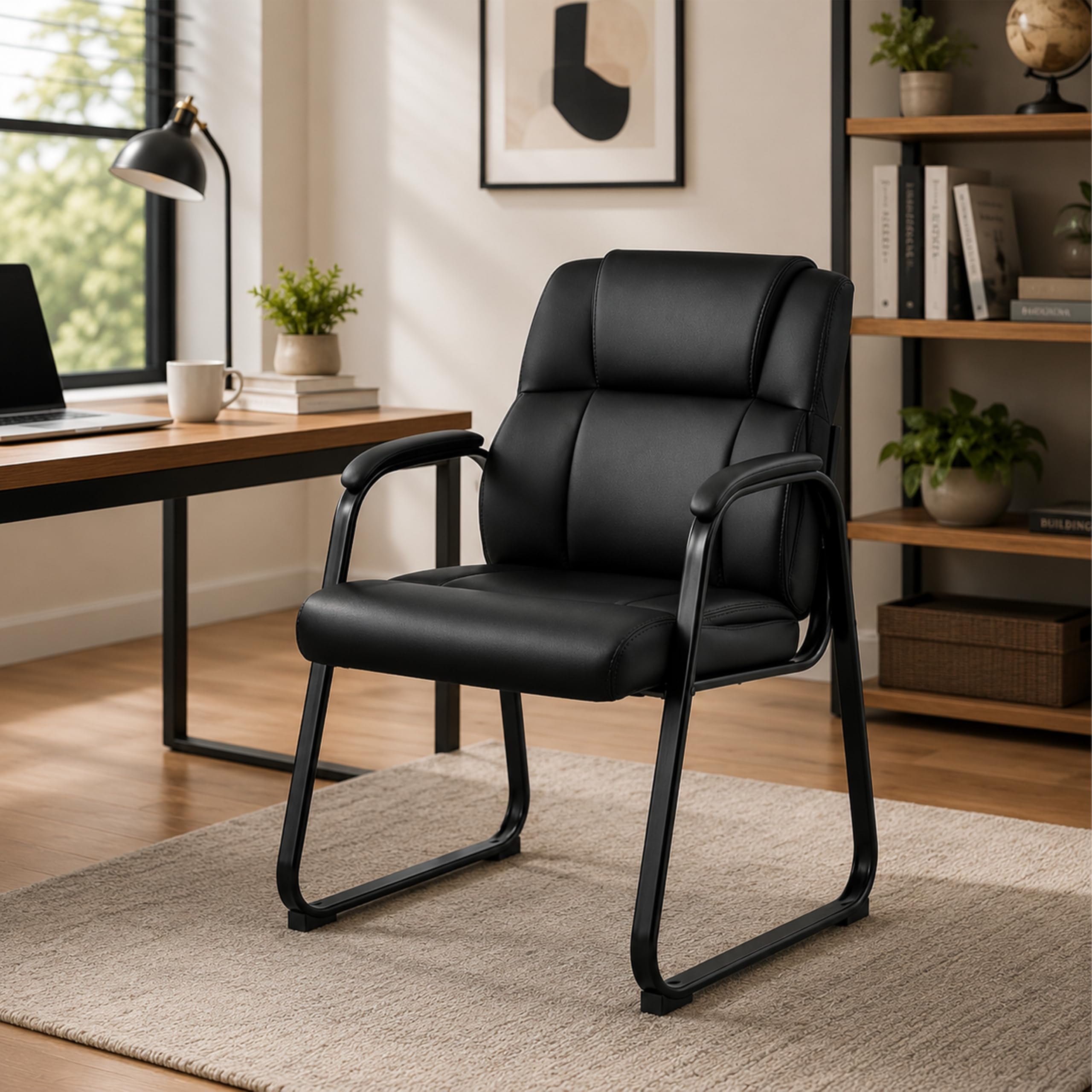 Simple Deluxe Leather Guest Chairs with Padded Arms & Sled Base - Set of 1 Stationary No Wheel Waiting Room Chair for Conference Reception