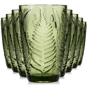 Green Drinking Glasses Set of 8, 12 oz Glass Cups, Vintage Fern Glassware