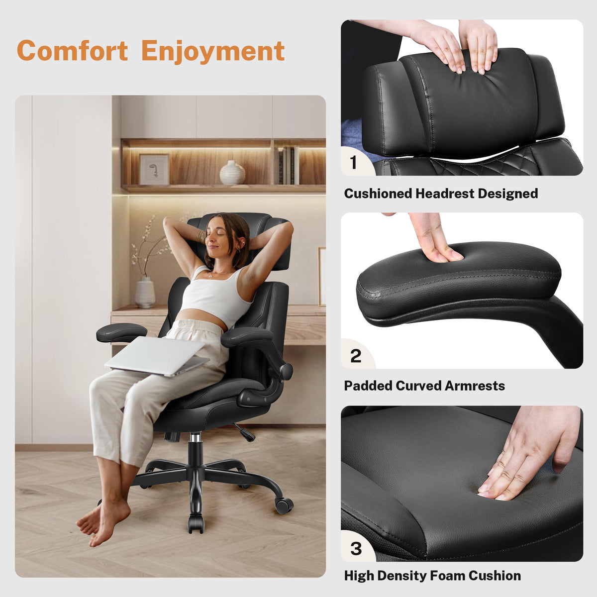 Office Chair Flip Up Arms, Executive Leather Office Chair Ergonomic Desk Chair with Lumbar Support, Adjustable Headrest, Computer Chair Home