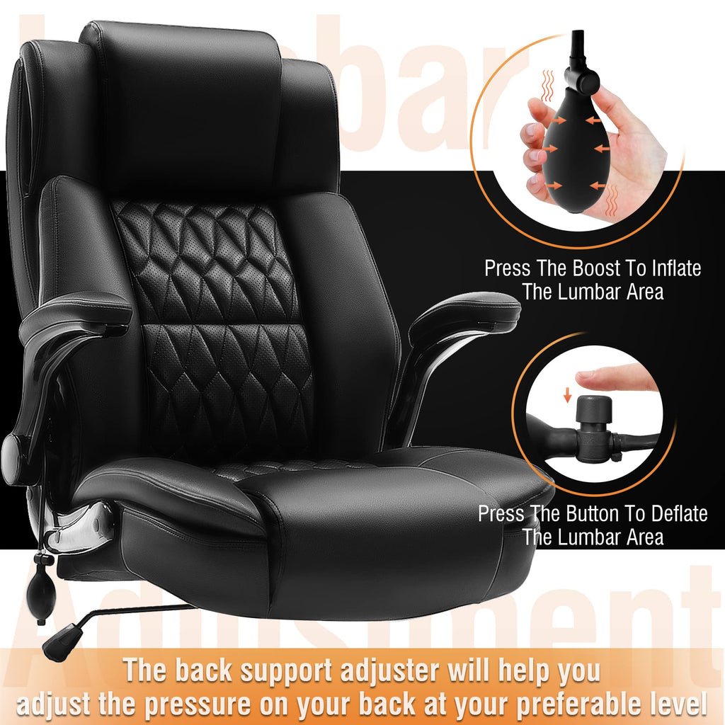 Large High Back Office Chair - Adjustable Lumbar Support Flip Up Arms Heavy Duty Quiet Wheels Metal Base Breathable Bonded Leather Ergonomic