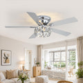 52 Inch Flush Mount Ceiling Fans with Lights and Remote, 5-Blade, 6-Speed Reversible DC Motor, Modern Low Profile Ceiling Fan Crystal Fandeliers for Bedroom Living Room Kitchen (Chrome)