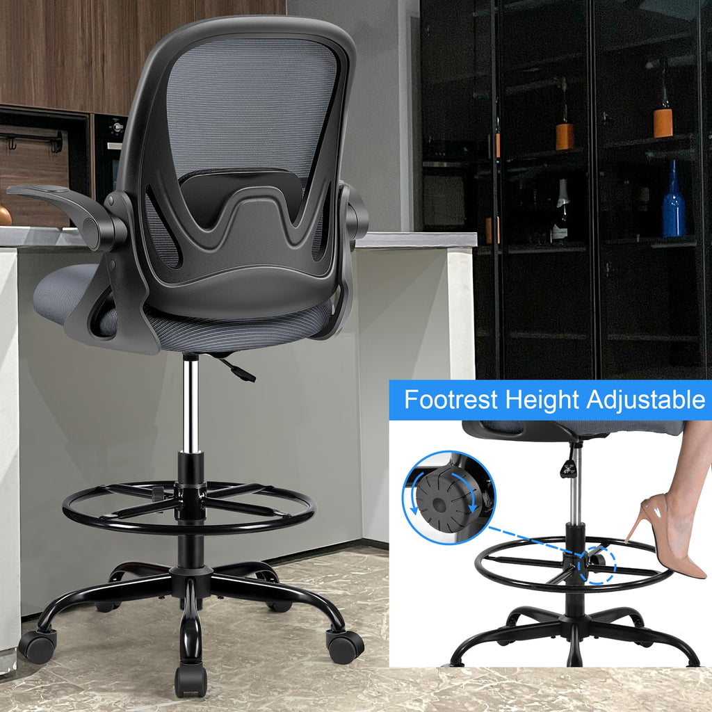 Drafting Chair Tall Office Chair with Flip-up Armrests, Adjustable Height, Enhanced Lumbar Support Ergonomic Rolling Stool, Back Support,