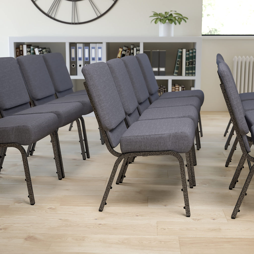 Emma + Oliver Dark Gray 21" W Stacking Church Chair, 4-pack, 21.25"W x 25"D x 33"H, Dark Gray Fabric/silver Vein Frame