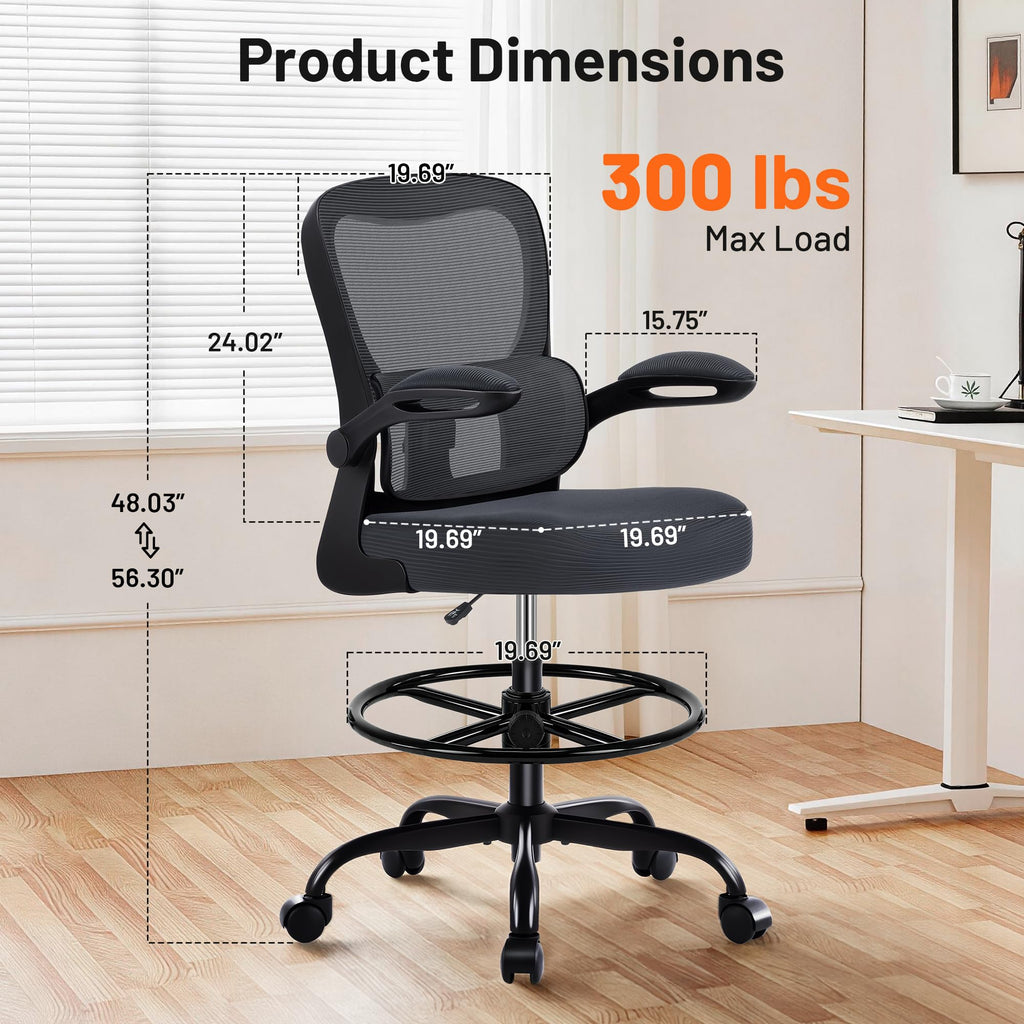 Areshark Drafting Chair - Ergonomic Tall Office Chair with Lumbar Support and Filp-up Armrests - High Standing Desk Chair Breathable Mesh with