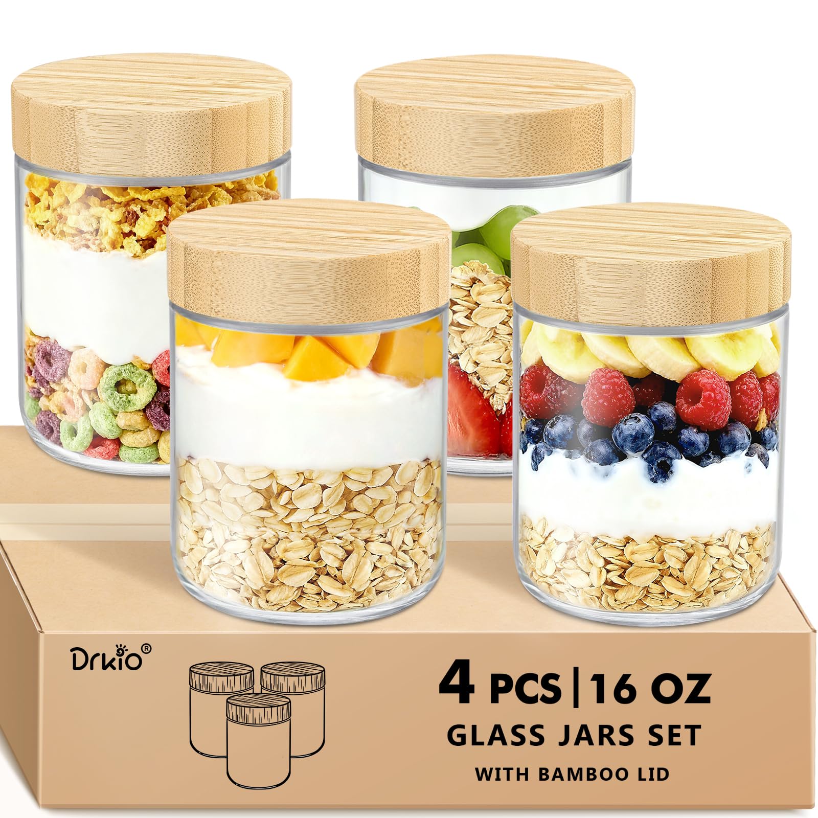 16 Oz Overnight Oats Containers with Bamboo Lids - 4 Pack Glass Storage Jars with Airtight Lids Wide Mouth Mason Food Jars Great for Meal Prep Salad Chia Pudding Snacks Yogurt Sugar Spice Cereal
