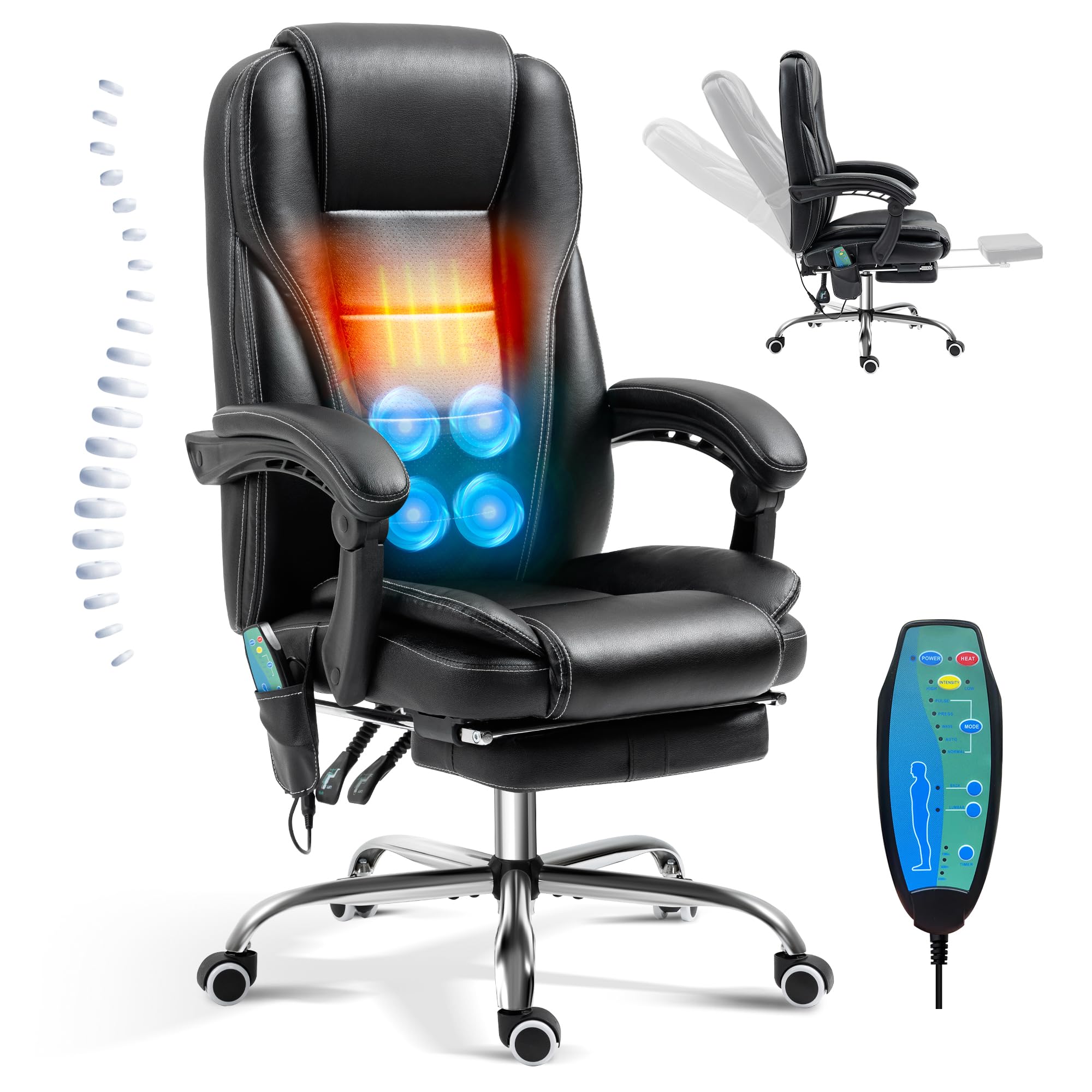 Tonghuas Massage Office Chair with Foot Rest Vibration and Heating, 90-130° Reclining Desk Chair, Ergonomic Reclining Computer Gaming Leather