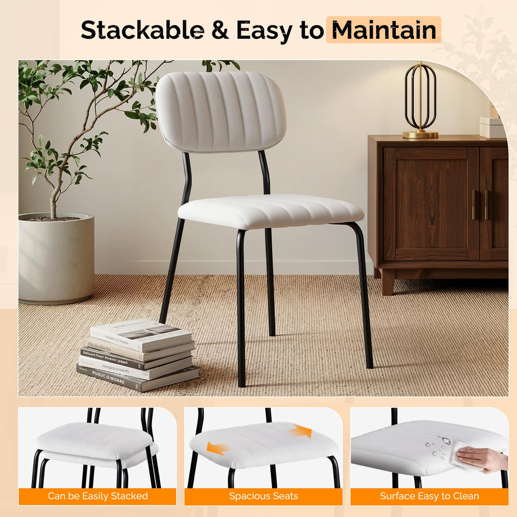 Vingli Modern Fabric Padded Stacking Dining Chair Set of 2 for Home, White, 2 Pack, White Linen