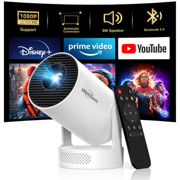 Mini Projector with Wi-Fi and Bluetooth, 1080P Portable Projector with 5W Speaker, Auto Vertical Keystone & 180° Rotatable, 200 ANSI Movie Projector for Outdoor Bedroom