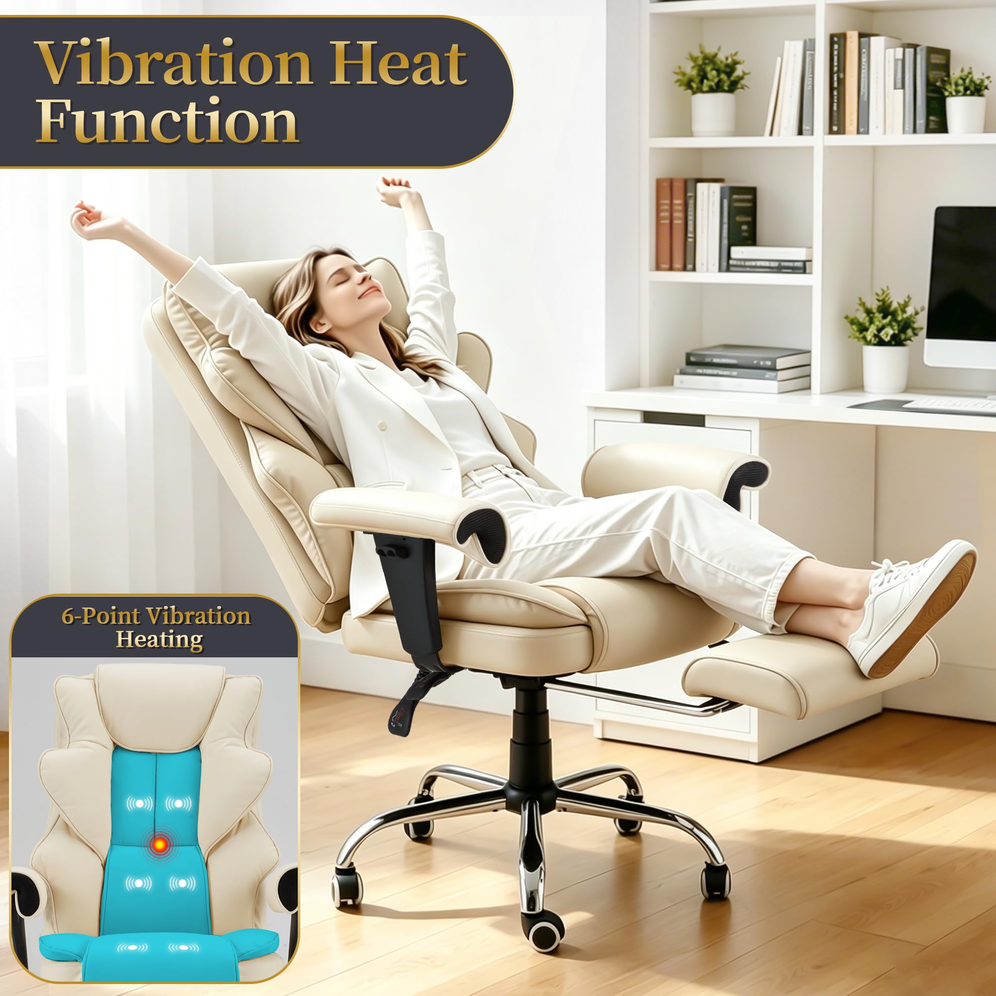 Heated Recliner Office Chair with Massager, Footrest, Height Adjustable Arm, Beige