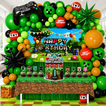 Pixel Game Birthday Party Decorations, “Game On” Pixel Theme Party Supplies Kit for Boys & Girls —131 Pcs Balloons, Backdrop, Curtain, Table Cover, Cake Toppers