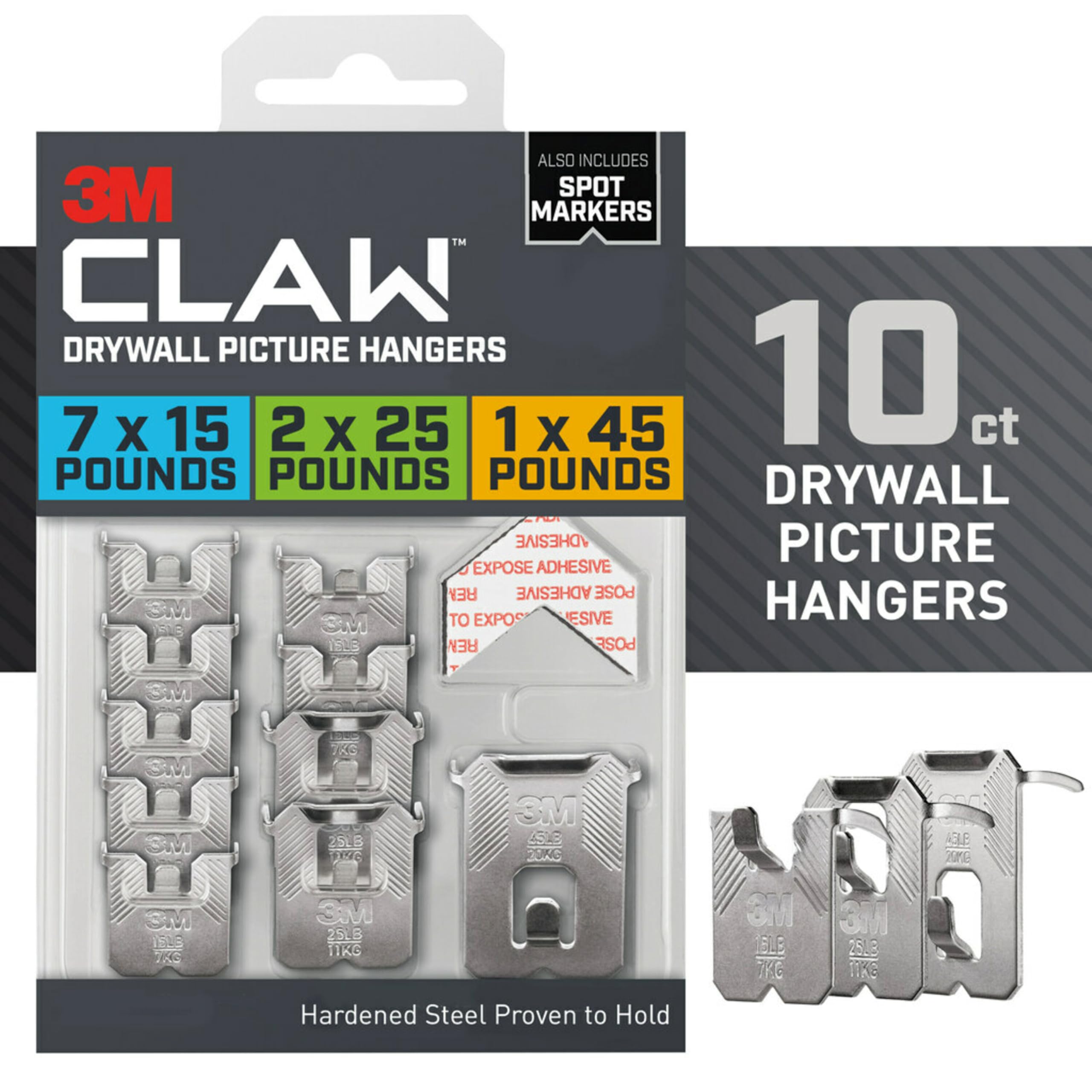3M CLAW 45 lb. Drywall Picture Hangers Variety Pack with Spot Markers, Gray, Heavyweight Hanging for Room Decor and Office Decor, Including Mirrors or Large Art, 10 Wall Hangers, 10 Spot Markers