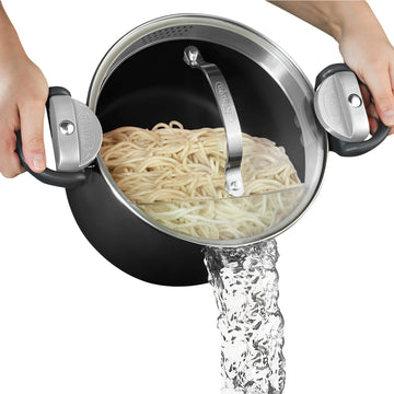 5 Qt Nonstick Pasta Pot with Strainer Lid & Twist and Lock Handles - GOTHAM STEEL Ceramic Pasta Cooker, Tempered Glass Lid, Metal Utensil Safe, PFOA Free, for Spaghetti & Soup, Dishwasher Safe, Black