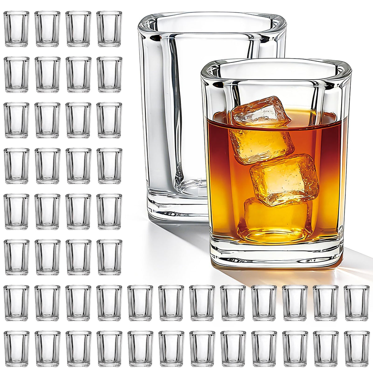 Flrolove 48 Pack Shot Glasses Bulk, 2.2 oz Clear Heavy Base Shot Glass, Whiskey Shot Glasses for Christmas Gift, Mini Square Shot Glass Set for Tequila, Vodka, Spirits & Liquors, Cocktail, Whiskey