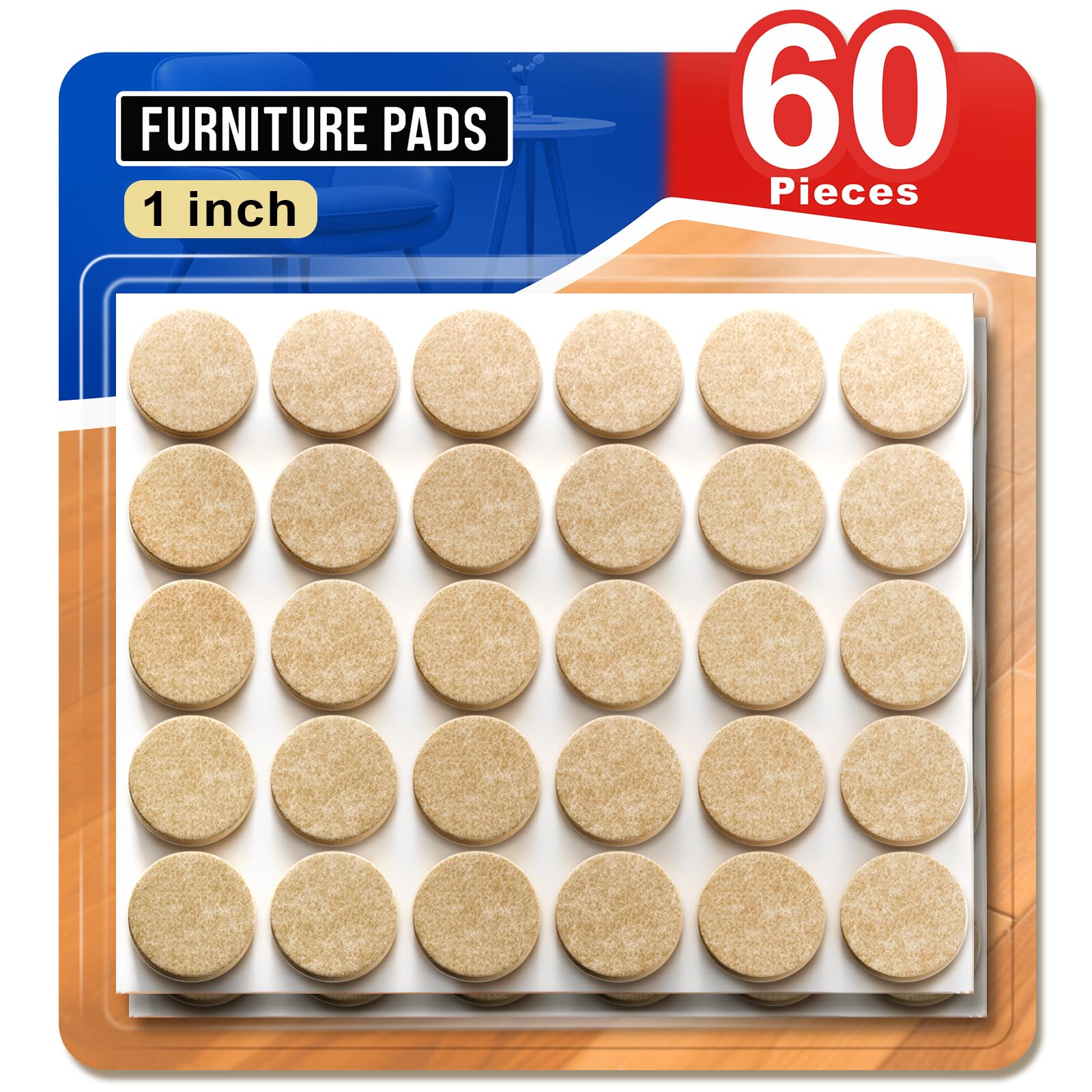 Ansible 60 PCS Felt Furniture Pads 1", Felt Pads for Chair Leg Floor Protectors for Hardwood Floors Round (Beige)