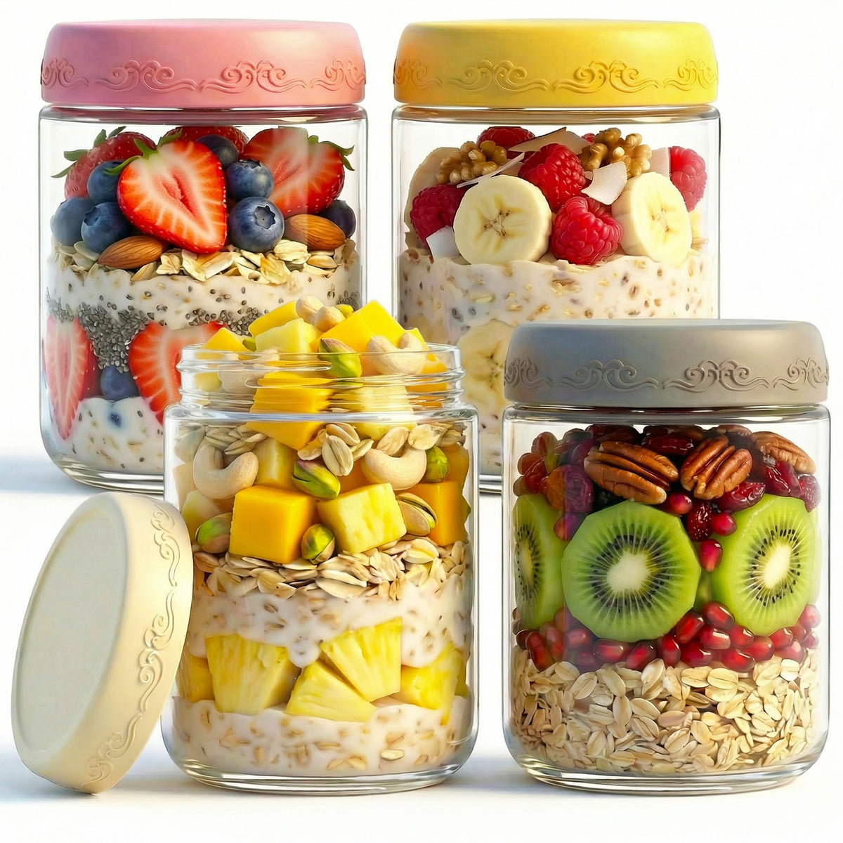 16 OZ 4Pack, Overnight Oats Jars with Lids, Glass Meal Prep Containers, Airtight Mason Jars for Breakfast, Yogurt Parfait, Salad & Smoothies, Leakproof and Reusable Food Storage Jars(4-2)