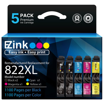 E-Z Ink Remanufactured Ink Cartridge Replacement for Epson 822XL Ink Cartridges Combo Pack for 822 Ink Cartridges for WF-3820 WF-3823 WF-4820 WF-4830 WF-4833 Printer (5Pack Black Cyan Magenta Yellow)