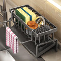 Sponge Holder Caddy for Kitchen Sink – Stainless Steel Soap Organizer with Auto Drain Tray, Countertop Storage Rack for Sink or Bathroom, Small Space Home Accessories, Gery