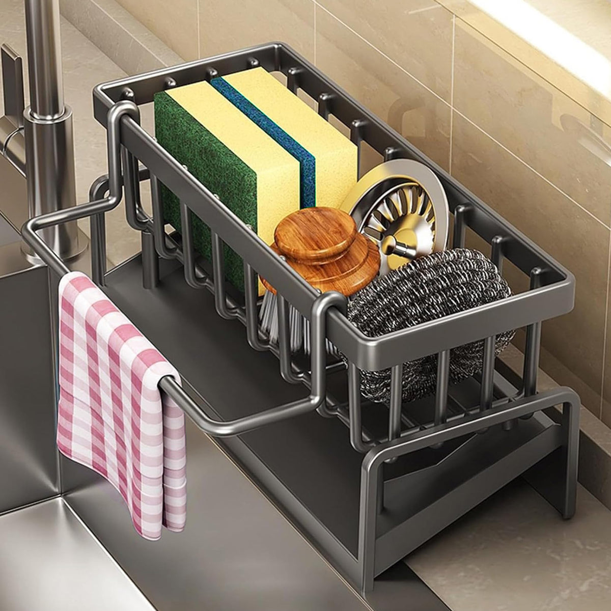 Sponge Holder Caddy for Kitchen Sink – Stainless Steel Soap Organizer with Auto Drain Tray, Countertop Storage Rack for Sink or Bathroom, Small Space Home Accessories, Gery