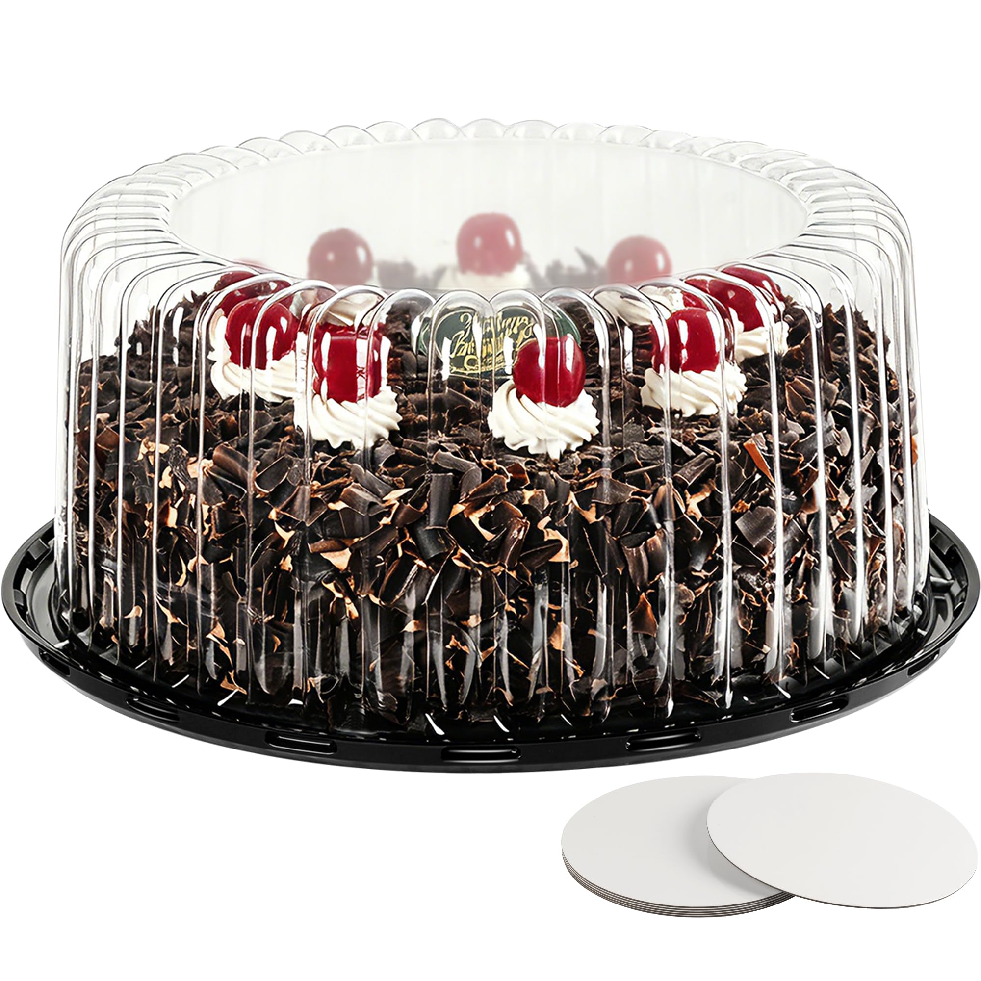 6-Pack Cake Carrier Holder Container for 10 Inch Round Cakes - Plastic Disposable Cake Containers, Take Out Storage w/Clear Dome Lids, Black Base Serving Trays, White Cake Boards, 12 x 5 Inches