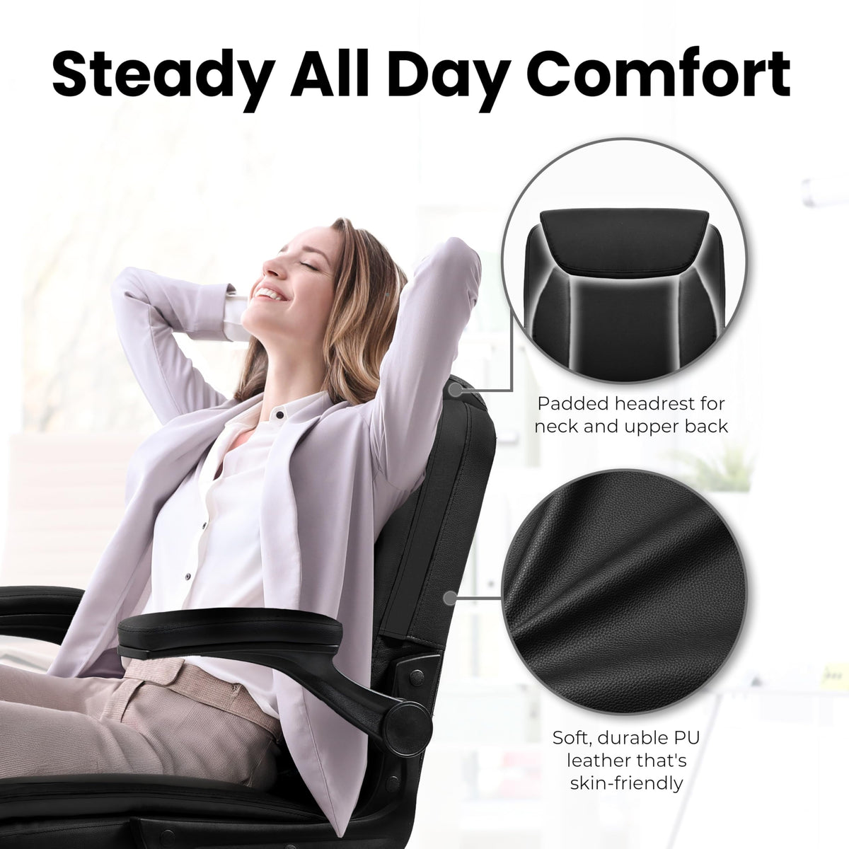 Neo Chair Pu Leather Office Desk Chair with Adjustable Arms, All Black, 26 inches (W) x 23 inches (L) x 42 inches (H)