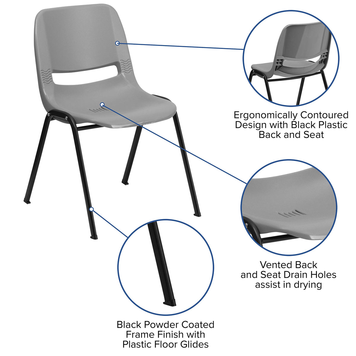Flash Furniture Hercules Series 880 Lb. Capacity Gray Ergonomic Shell Stack Chair with Black Frame, Set of 1, Grey