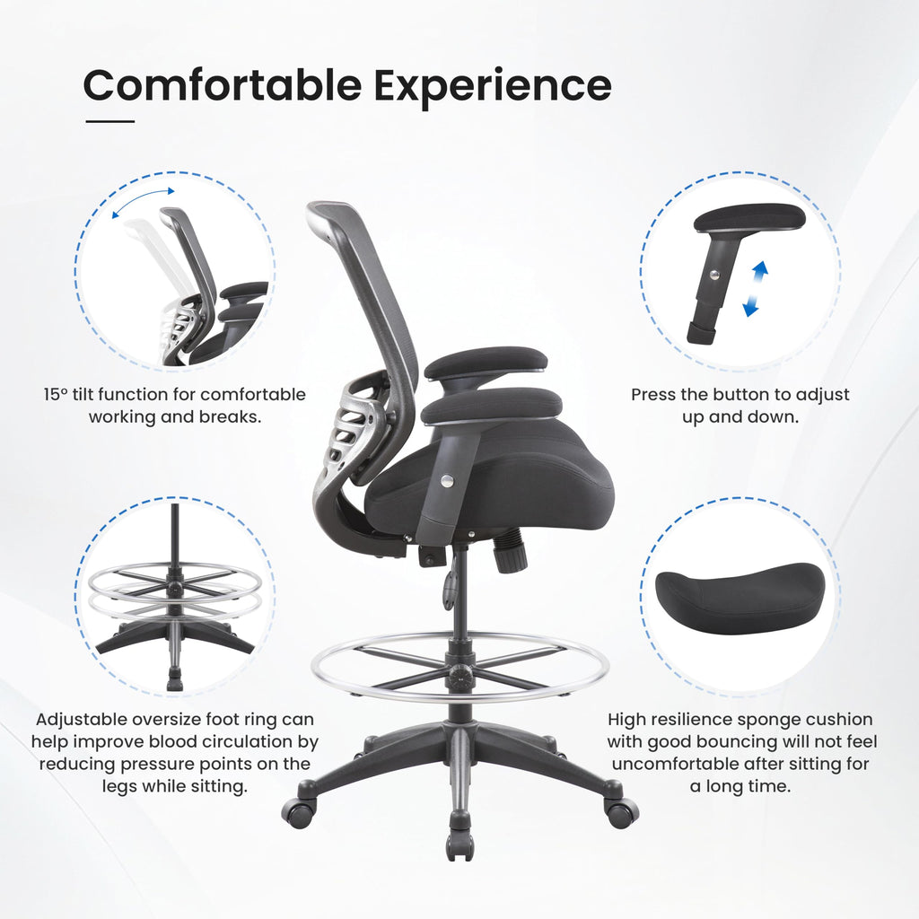 Boliss 400lbs Mid Back Mesh Ergonomic Drafting Office Chair, 19.9D x 26.7W x 41.1H Inch, Black