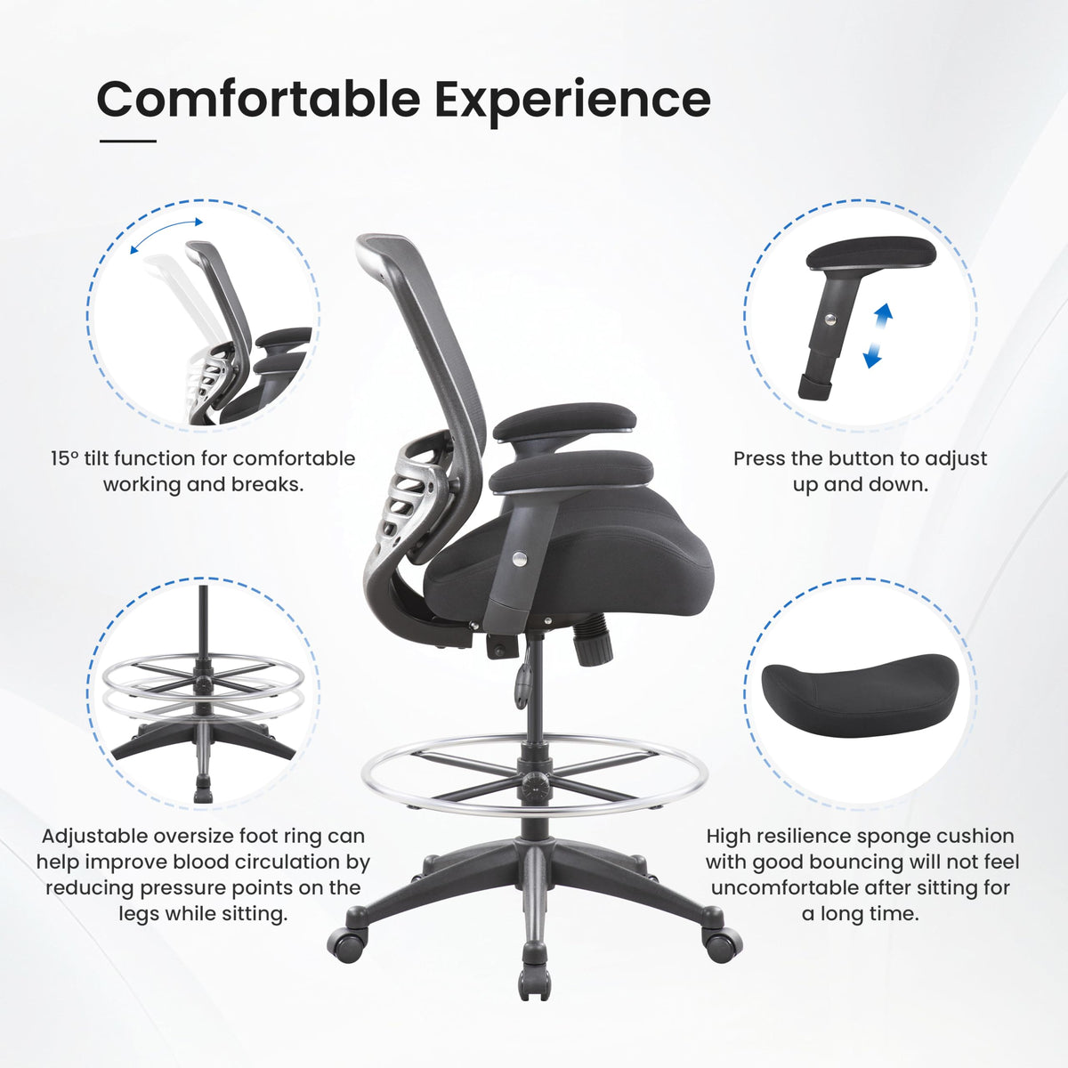 Boliss 400lbs Mid Back Mesh Ergonomic Drafting Office Chair, 19.9D x 26.7W x 41.1H Inch, Black