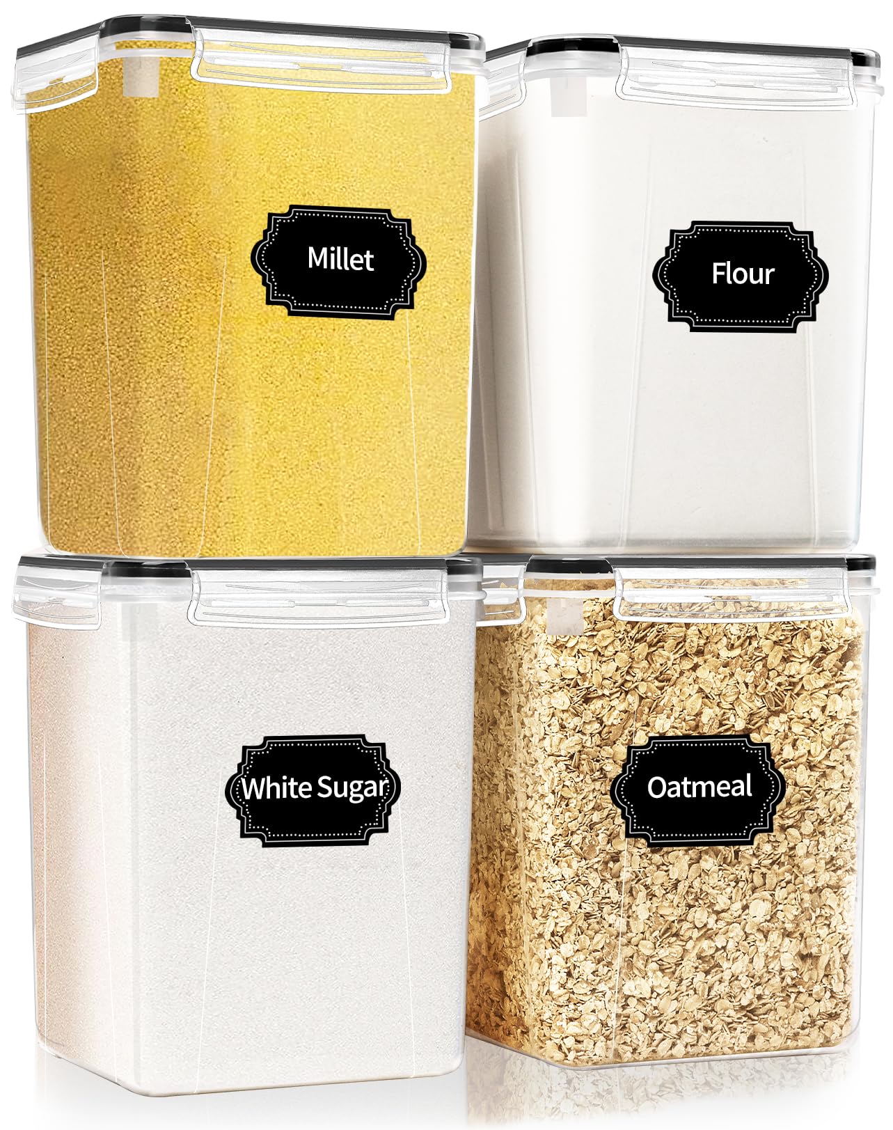 4 Pack Large Airtight Food Storage Containers with Lids (5.2L / 176oz), BPA Free Plastic Kitchen and Pantry Organization Contianers for Cereal Flour and Sugar Storage, Labels & Marker