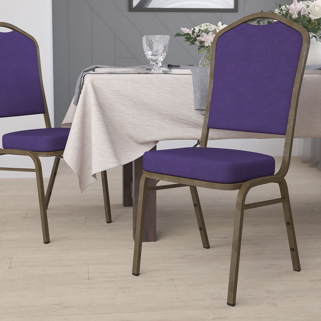Flash Furniture Hercules Fabric Crown Back Stackable Banquet Chair, Gold, Set of 1, Purple Fabric/gold Vein Frame