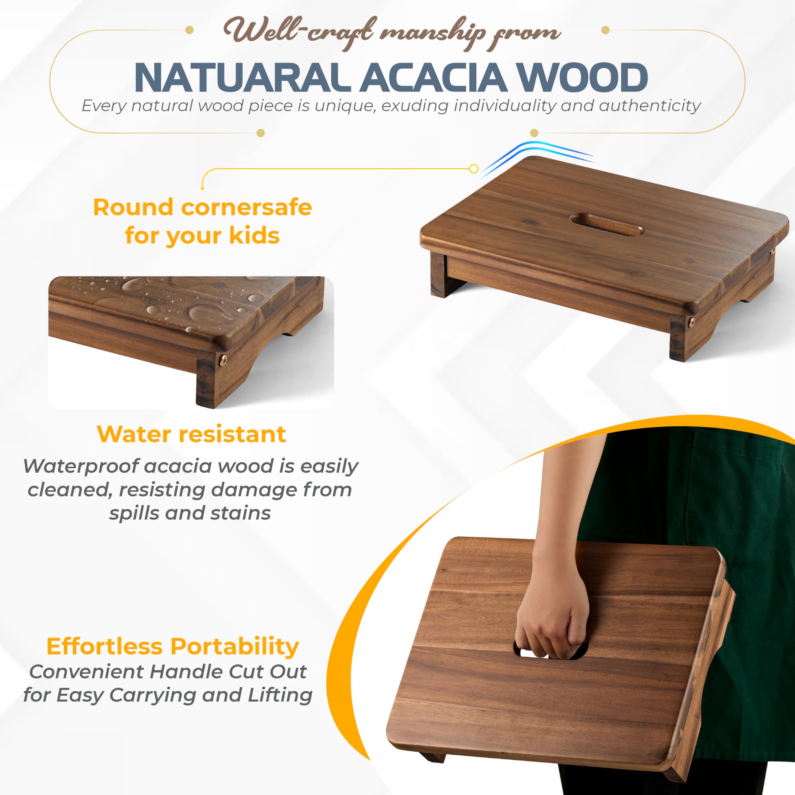 Fanatu Wooden Step Stool, One Step Stool for Adults, Bedside Wooden Stool with 550lbs Capacity, Portable & Non-slip Heavy Duty Design (rich