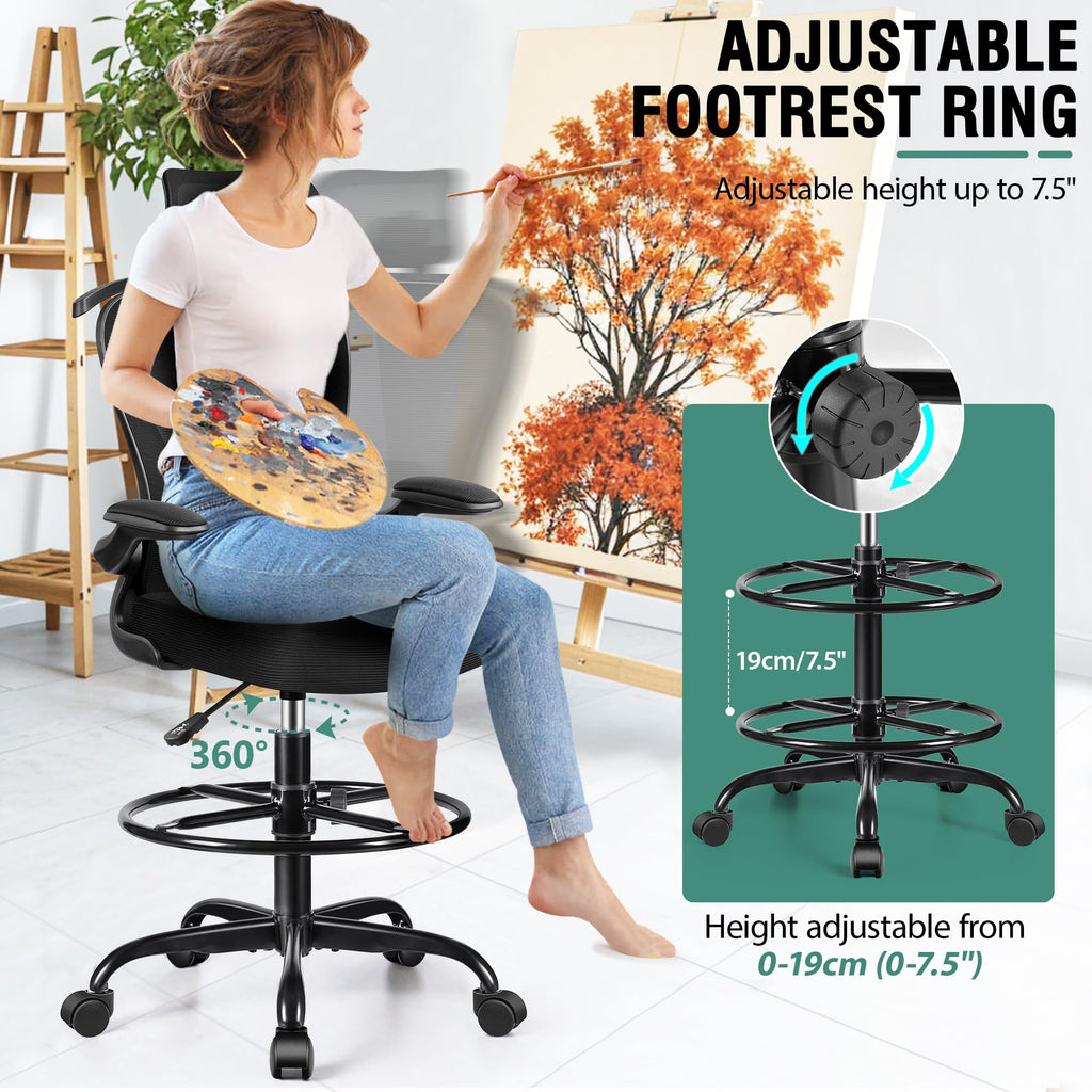 Drafting Chair, Tall Office Chair with 3d Lumbar & Head Support, Ergonomic Mesh Standing Desk Chair with Footring, Comfy Extended High Desk