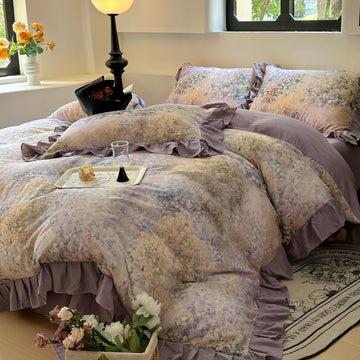 VM VOUGEMARKET Romantic Ruffle Duvet Cover Set Queen,Purple Flower