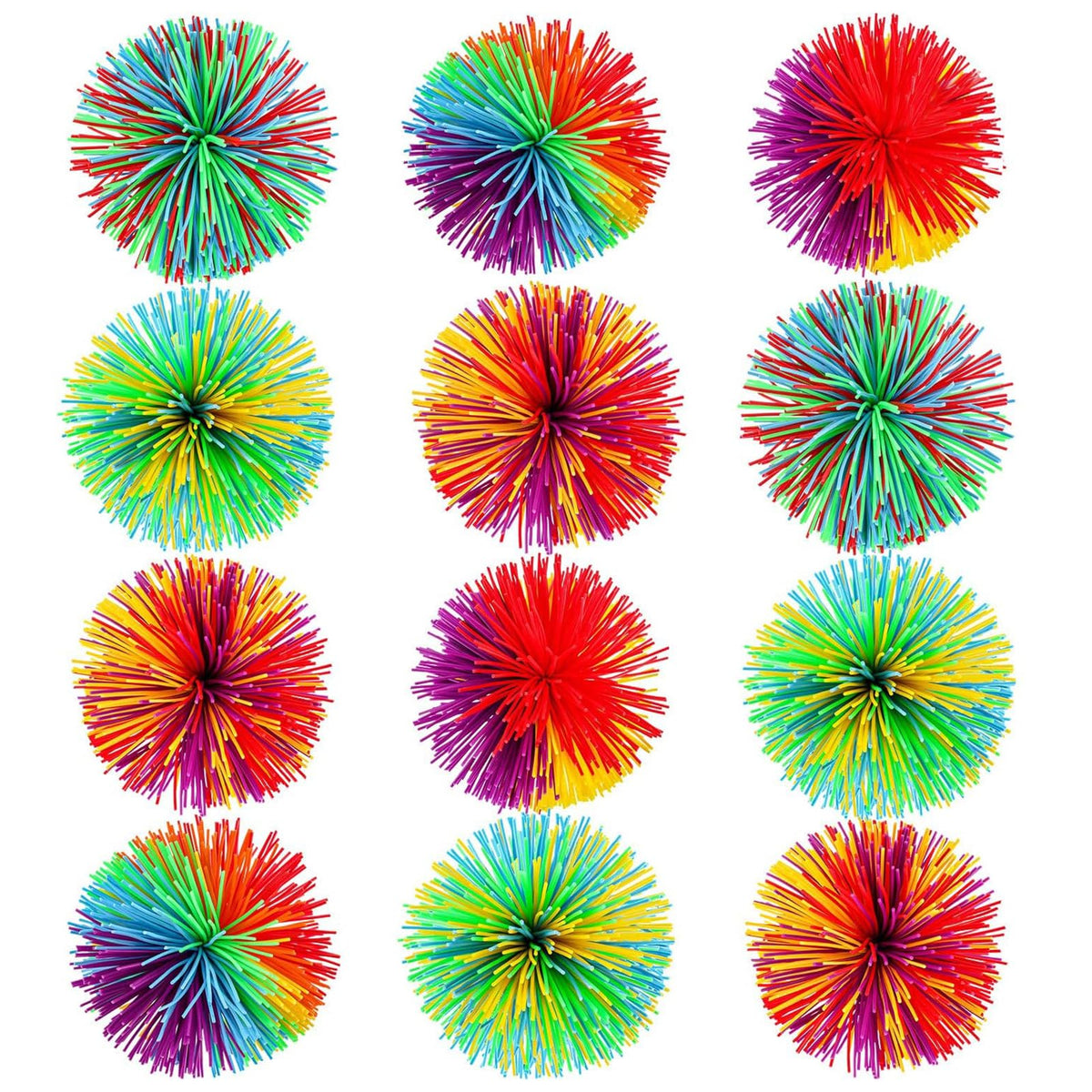 Leinuosen 12 Pieces Stringy Balls Sensory Stringy Ball Soft Rainbow Pom Bouncy Stress Bags Basket Stuffers Fillers Birthday Party Favors, Fidget Party School Classroom Gifts, Multicolor (2.75 Inch)