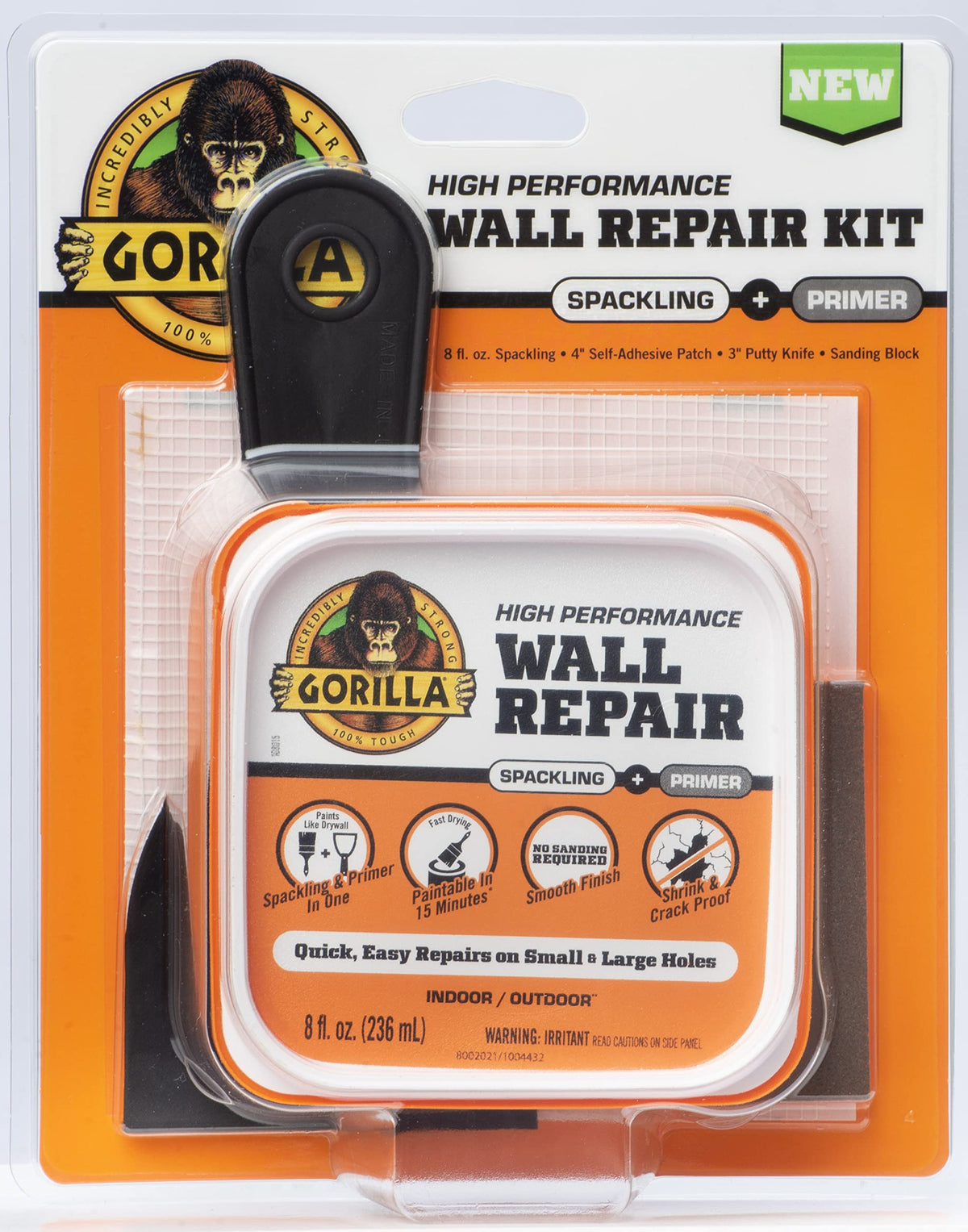 Gorilla Wall Repair Kit, Heavy Duty Spackling and Primer 8 fl oz Tub with 4 in Self-Adhesive Patch, 3 in Putty Knife, Sanding Block, Lightweight Drywall Filler