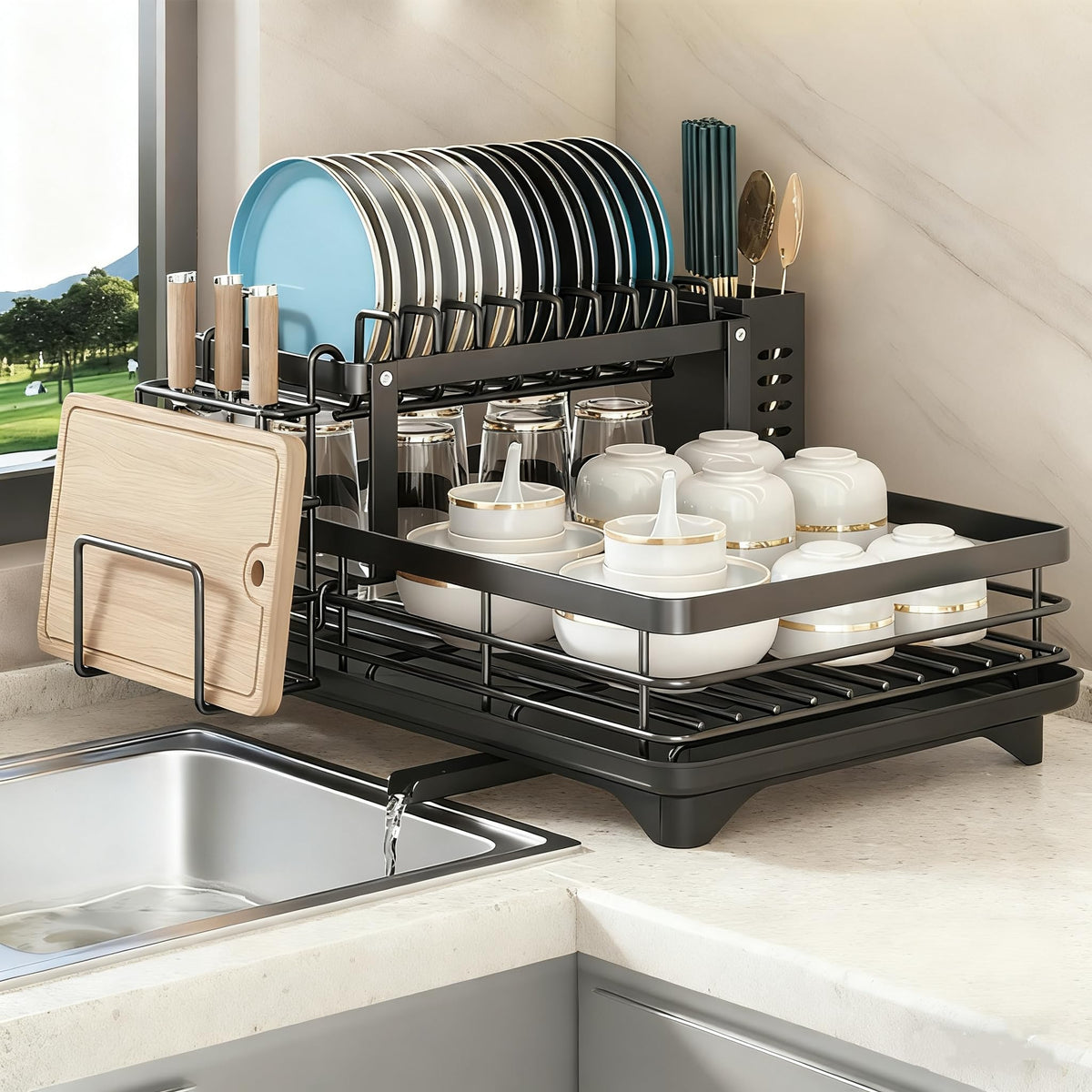 Dish Drying Rack 2-Tier Auto Draining Dish Drying Rack for Kitchen Counter & Sink - Large Capacity Detachable Stainless Steel Organizer with Drainboard & Utensil Holder (Black)?Chaos Coordinator Gifts
