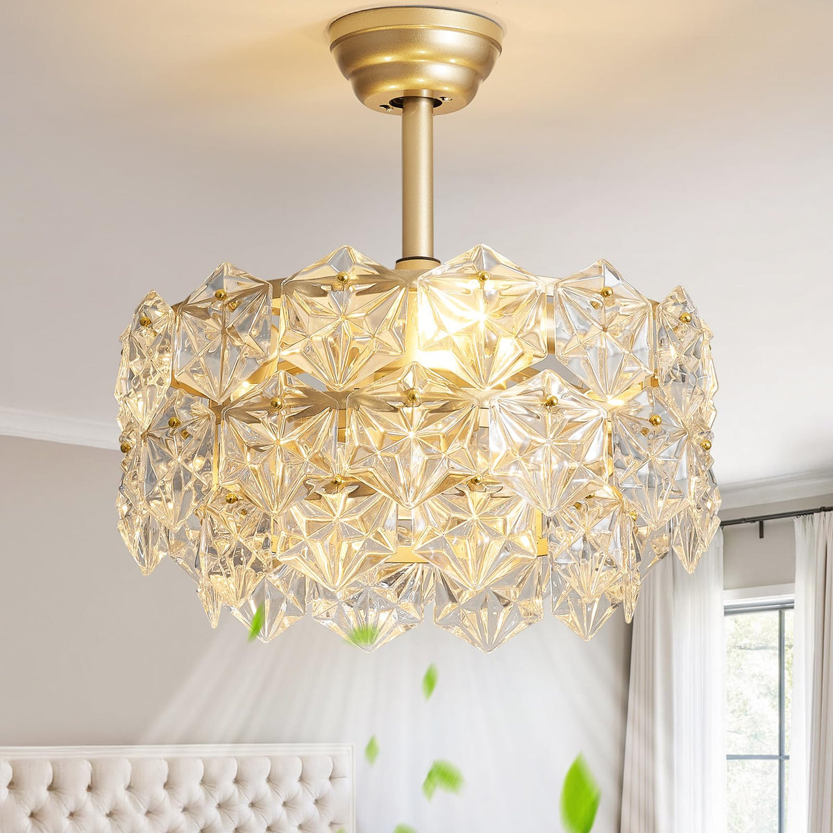SYDACG 20" Gold Crystal Fandelier Ceiling Fan with Light, Mid-Century Chandelier Ceiling Fan with Light Remote Control, 6 Speeds for Bedroom, Nursery, Living Room