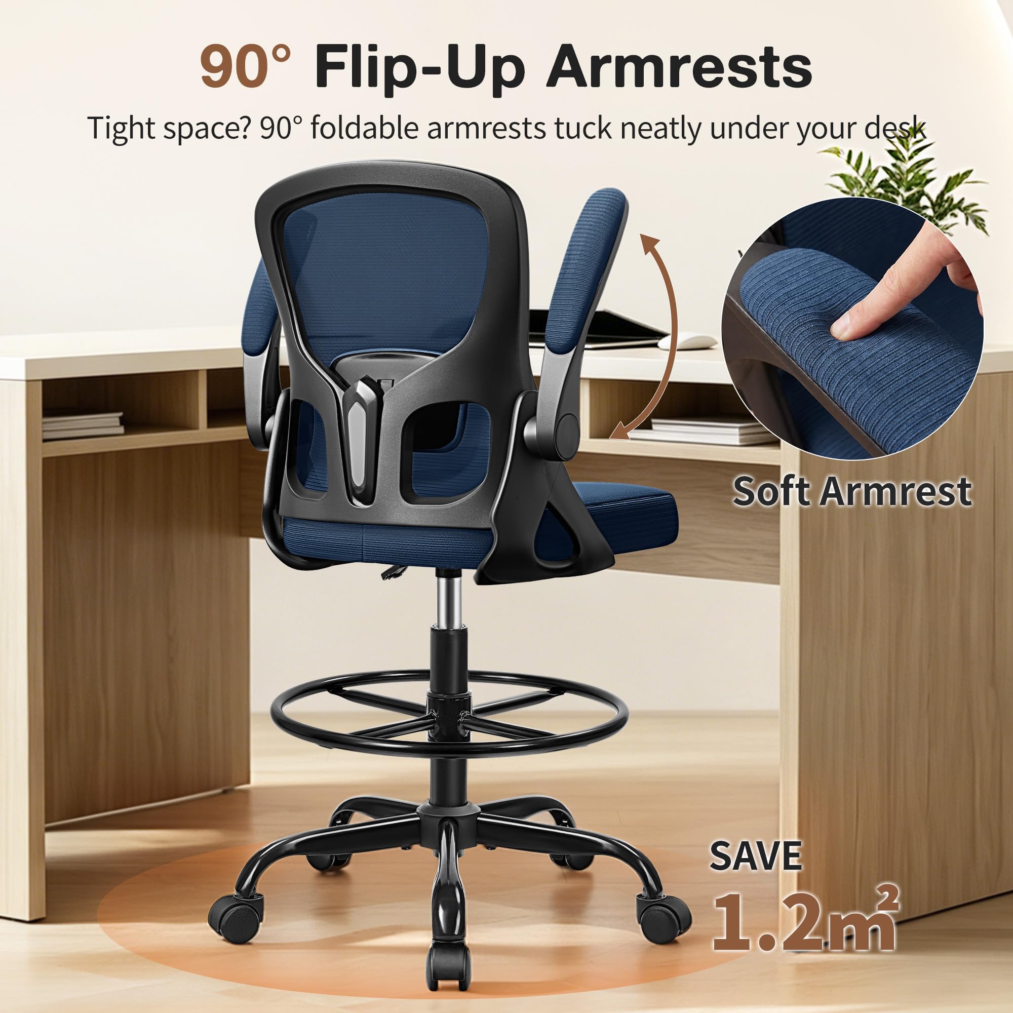 Finati Drafting Chair, Tall Office Chair for Standing Desk with Flip-up Armrests, Adjustable Foot Ring & Lumbar Support, Breathable Mesh High