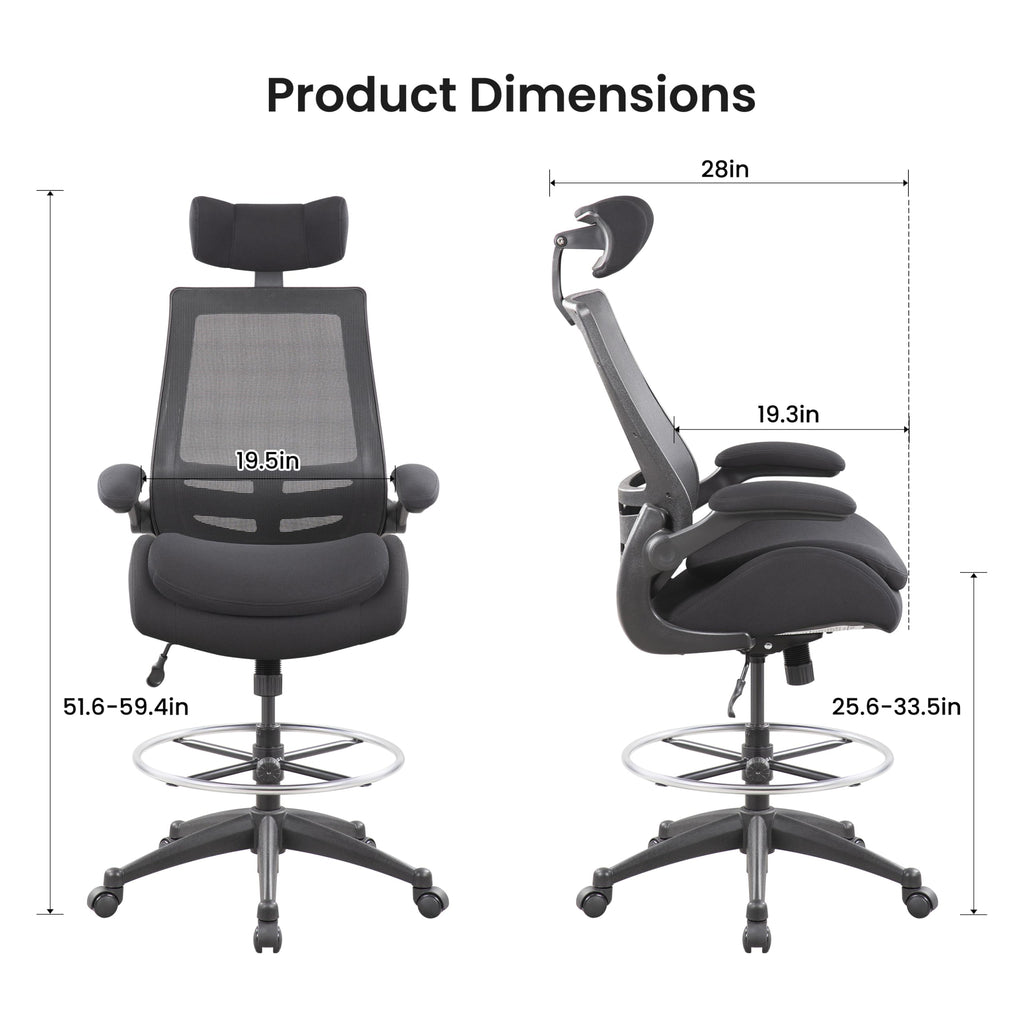 Boliss Big and Tall Drafting Chair 400lbs High Back Dual Seat Cushion, BLS-2818HDS, Black