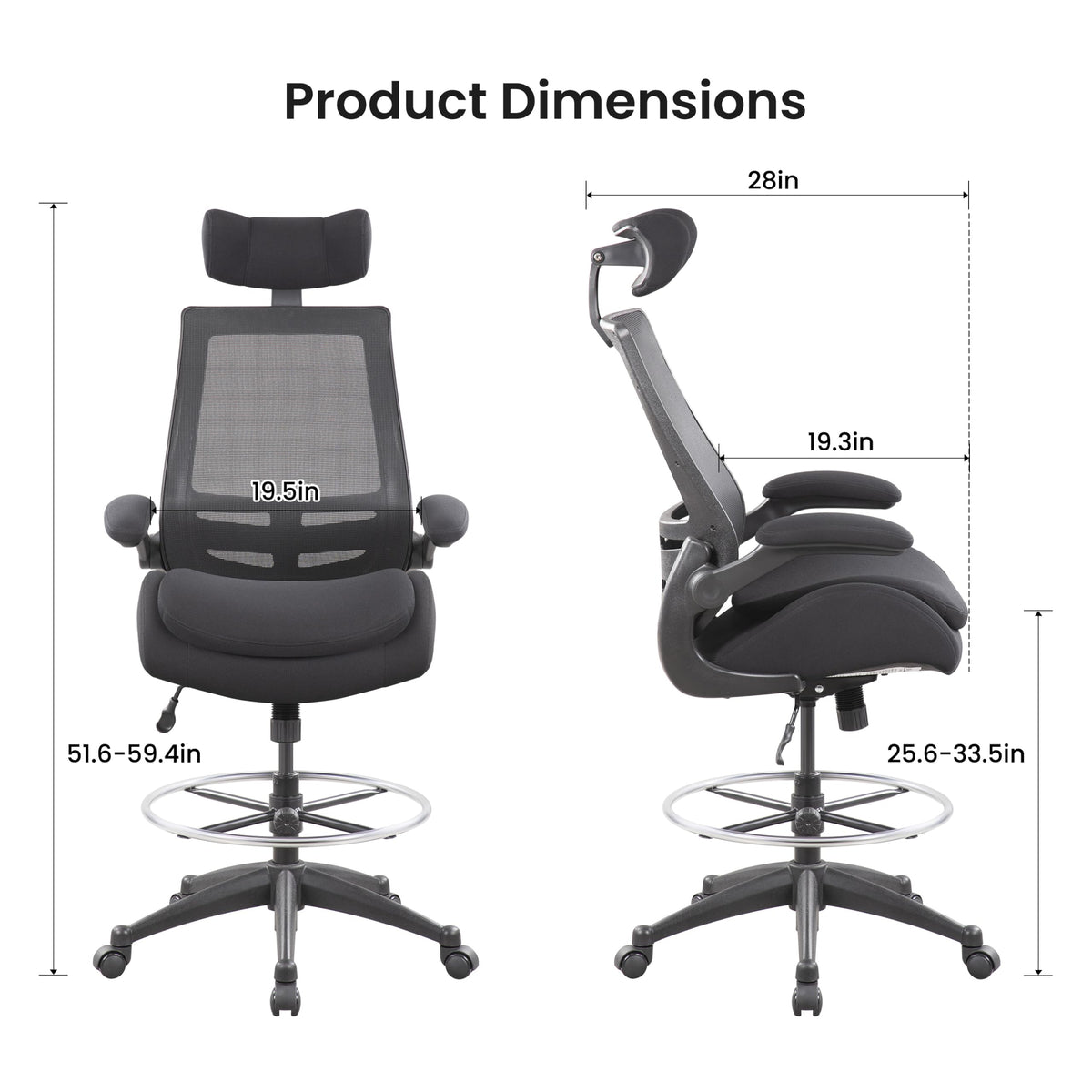 Boliss Big and Tall Drafting Chair 400lbs High Back Dual Seat Cushion, BLS-2818HDS, Black